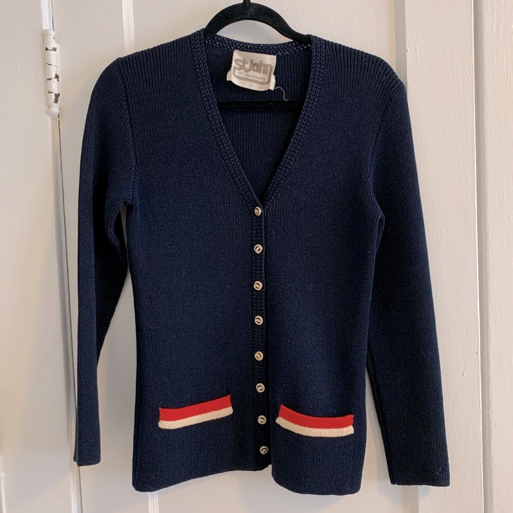 St. John Navy Cardigan with Red and White Accents